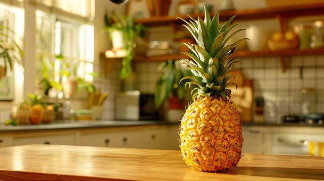 A close-up image of a pineapple sitting on a kitchen counter. The pineapple is in focus, and the background is slightly blurred.