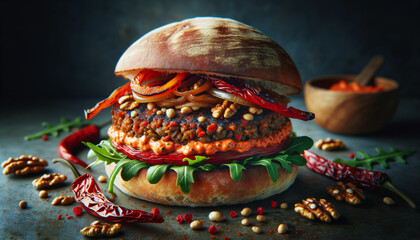 Close-up of an exotic vegan burger with a lentil and chickpea patty, topped with spicy mango salsa and a smear of hummus on a sesame seed bun - obrazy, fototapety, plakaty