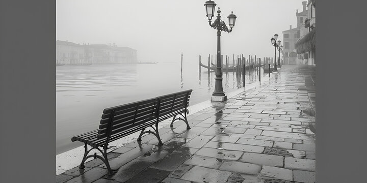 long time exposure of typical wooden bench on promenade in Venice (Venezia) on a rainy day in autumn without people, Italy, black and white. generative ai 