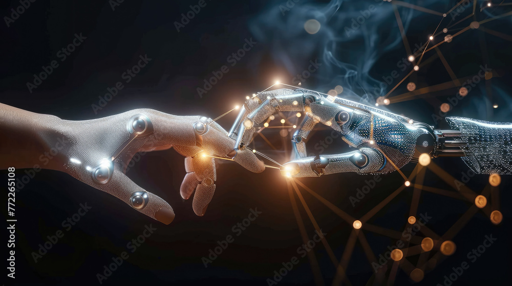 Poster The hand of a human and robot touching each other with digital connection lines on a dark background, concept for future technology or business teamwork in the style of AI. Generative AI.