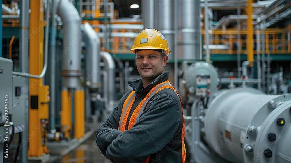 Leinwandbilder a worker with a hard hat standing in front of technical factory equipment. generative ai.