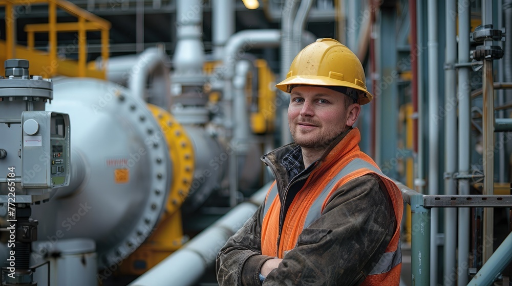 Leinwandbilder a worker with a hard hat standing in front of technical factory equipment. generative ai.
