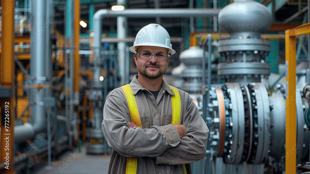 Leinwandbilder a worker with a hard hat standing in front of technical factory equipment. generative ai.