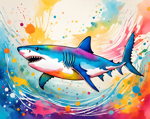 Colorful sharks swimming in a colorful background, illustrated by illustrators of sharks in the sea