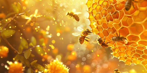 Winged Alchemy: An enchanting painting showcasing bees weaving their magic around a honeycomb, nature's golden treasure - obrazy, fototapety, plakaty