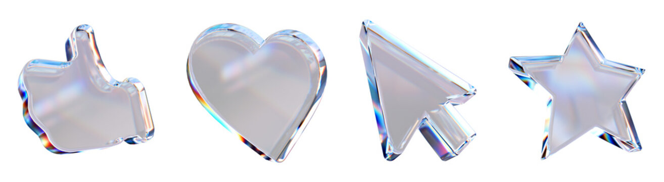 3D Trendy holographic retro futuristic set icon with thump up, heart, arrow and star. Holo y2k style. Crystal glass element. Overlay dispersion light. Gradient icon on black background. 3D Rendering