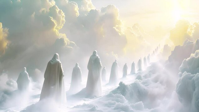 people walking to the light in heaven. Standing in a row waiting to go to heaven in white clouds. Christian prayers are in queue praying to the Jesus. Believe in God 4k video
