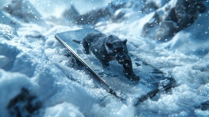 Concept of new technologies, cellular devices and animals. 3D realistic image of a mobile phone with a black panther running out of it against the backdrop of a snowy landscape - obrazy, fototapety, plakaty