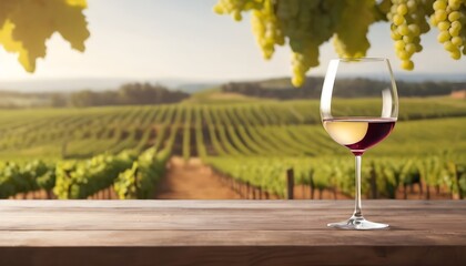Empty wood table top with a glass of wine on blurred vineyard landscape background, for display or...