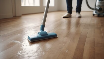 Floor cleaning with mob with cleanser foam and vacuum cleaner at home. Cleaning tools on parquet floor