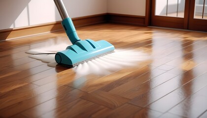Floor cleaning with mob with cleanser foam and vacuum cleaner at home. Cleaning tools on parquet floor - obrazy, fototapety, plakaty