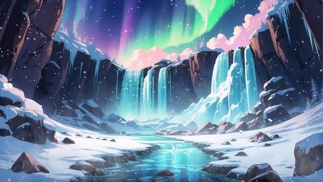 Scenic 4k video footage showcasing the tranquil beauty of the aurora borealis with snow-covered surroundings, a bright moon, and a majestic frozen waterfall.
