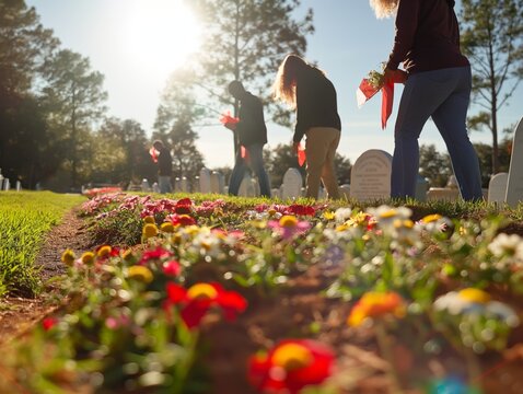 A group of people are tending to a cemetery, with flowers and red flags. Scene is somber and reflective, as the people are likely paying their respects to those who have passed away