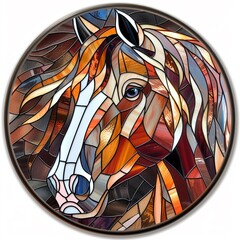 Horse realistic stained glass art print, realistic usage of light and color, sharp and bold clear edge, all details in the circular shapes