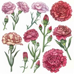 Clip art illustration with various types of Carnation on a white background.	