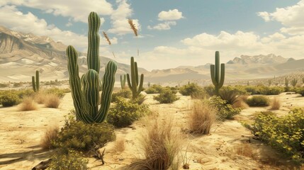 Nature's symphony: Serene desert landscape with a majestic cactus and a bird in graceful motion