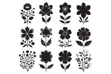 Set of black colour flower Silhouettes on white background.