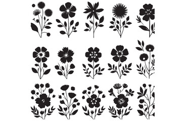 Set of black colour flower Silhouettes on white background.