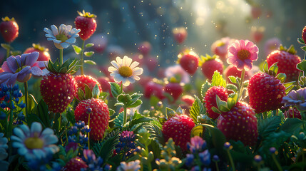 Fototapeta na wymiar A magical scene with radiant wild berries and blossoming flowers bathed in the golden sunrise light