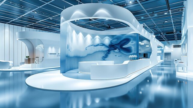 Creative medical exhibition island booth, blue white colors curved with curved screen hanging from ceiling. Generative AI.