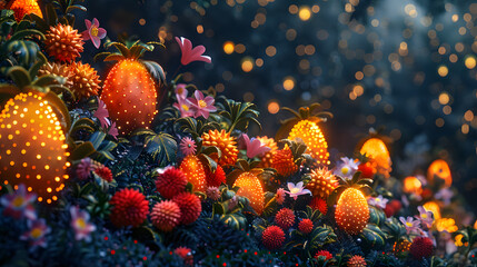 Fototapeta na wymiar Glowing mystical fruits nestled amongst vibrant flowers under the enchanting night sky twinkles