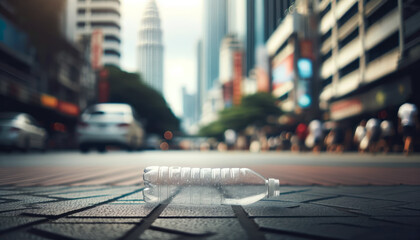 An empty plastic bottle lying on a pavement, with a blurred city street in the background - obrazy, fototapety, plakaty