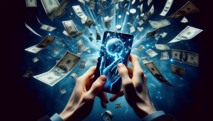 Hands working with a smartphone with flying money and internet energies. Mobile technologies in making money. Remote work on the Internet with artificial intelligence - obrazy, fototapety, plakaty