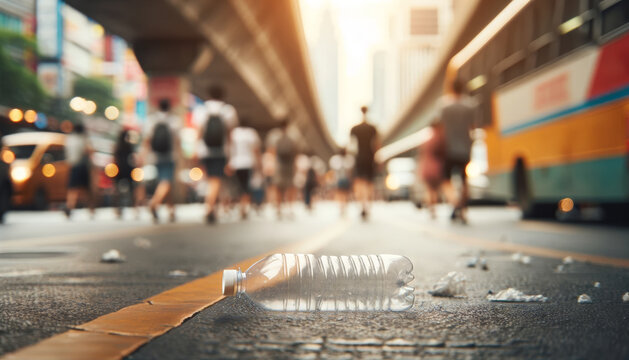 An empty plastic bottle discarded on a pavement, soft focus on the active street scene behind