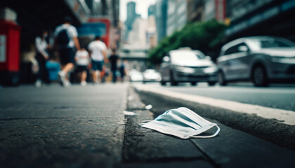 A disposable face mask discarded on a busy city street, cars and pedestrians in soft focus - obrazy, fototapety, plakaty