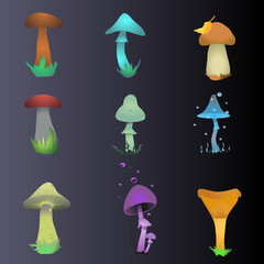 Set of vector shrooms different colours . Edible and poisonous shrooms illustration. 