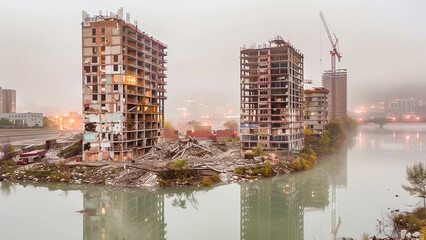 Two partially demolished high-rise buildings on a foggy city riverside, signaling urban transformation and redevelopment. - obrazy, fototapety, plakaty