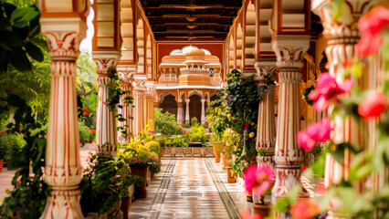 A vibrant and colorful Indian palace garden, with traditional architecture, lush flowers, and a tranquil atmosphere perfect for tourism or cultural exploration.