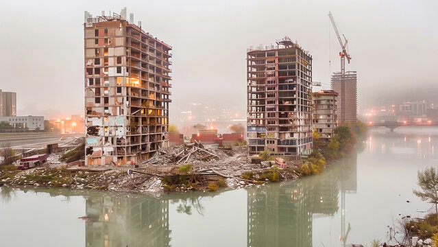Two partially demolished high-rise buildings on a foggy city riverside, signaling urban transformation and redevelopment.