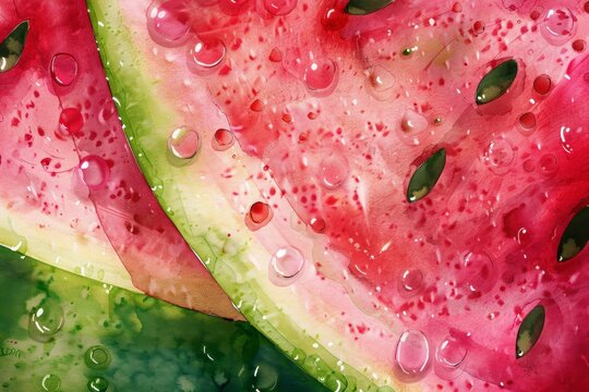 A watermelon slice with droplets of water on it
