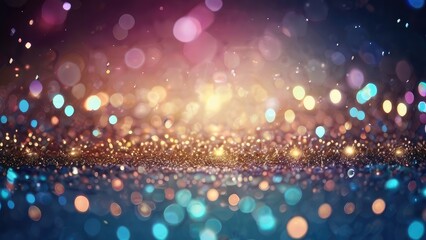 Trendy decoration bokeh glitters background, abstract shiny backdrop with circles. Magic night dark blue abstract background with sparkling glitter bokeh and lights.
