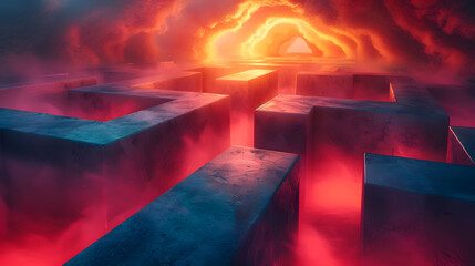 An abstract 3D-rendered labyrinth with reflective surfaces under an apocalyptic red sky, creating a sense of mystery and challenge