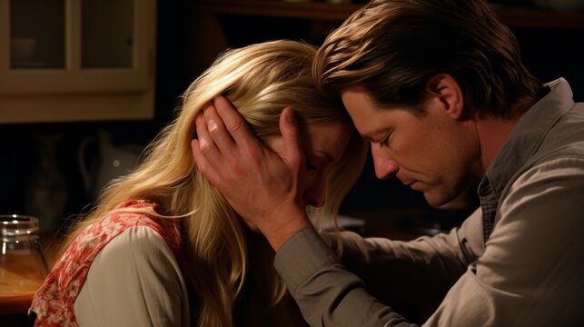 An unhappy young couple facing problems. A crying wife and her saddened husband hug, supporting each other in grief, sitting at the kitchen table. Bad News, Depression, Stress, Family Life concepts.