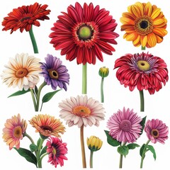 Clip art illustration with various types of gerbera on a white background.	