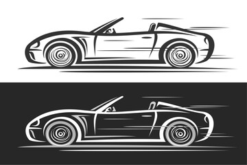 Vector logo for Convertible Car, decorative banners with simple contour illustration of futuristic car in moving, line art design monochrome expensive car, profile view on black and white background