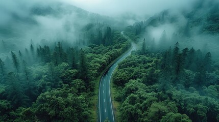 Foggy on winding highway through green forest landscape, aerial view of mountain road with trees...