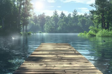 Obraz premium Peaceful lake landscape with a wooden bridge and scenic backdrop of trees