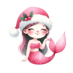 A cartoon mermaid wearing a pink hat and a pink bikini top. She is smiling and looking at the camera