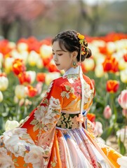 Obraz premium Asian woman with white skin in elegant lace dress standing in a field of tulips.