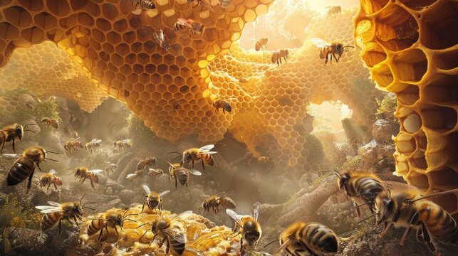 A painting of a hive of bees with a bright yellow background