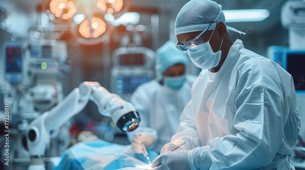 Poster Doctor and AI robotic arm assistant helping to do the operation patient in operating room. Generative AI.