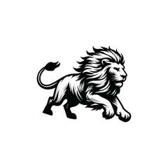 Vector logo of a running lion. black and white illustration of a charging big cat.