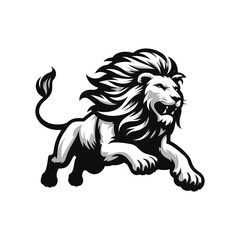 Vector logo of a running lion. black and white illustration of a charging big cat.