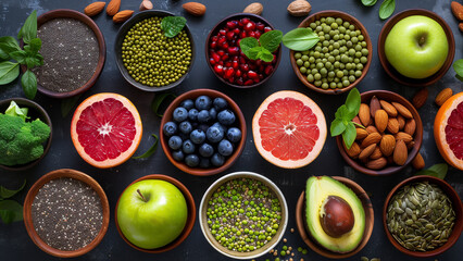 Healthy food clean eating selection: fruit, vegetable, seeds, superfood, cereals, leaf vegetable on...