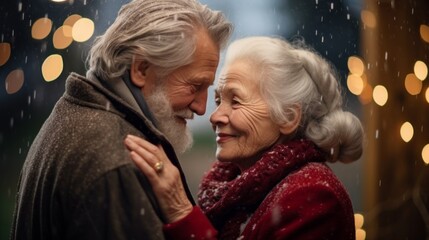 Happy romantic senior couple enjoying winter holidays, spending time together, embracing each other...