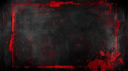 Bold red distressed frame on isolated black canvas, striking red paint strokes on black wall